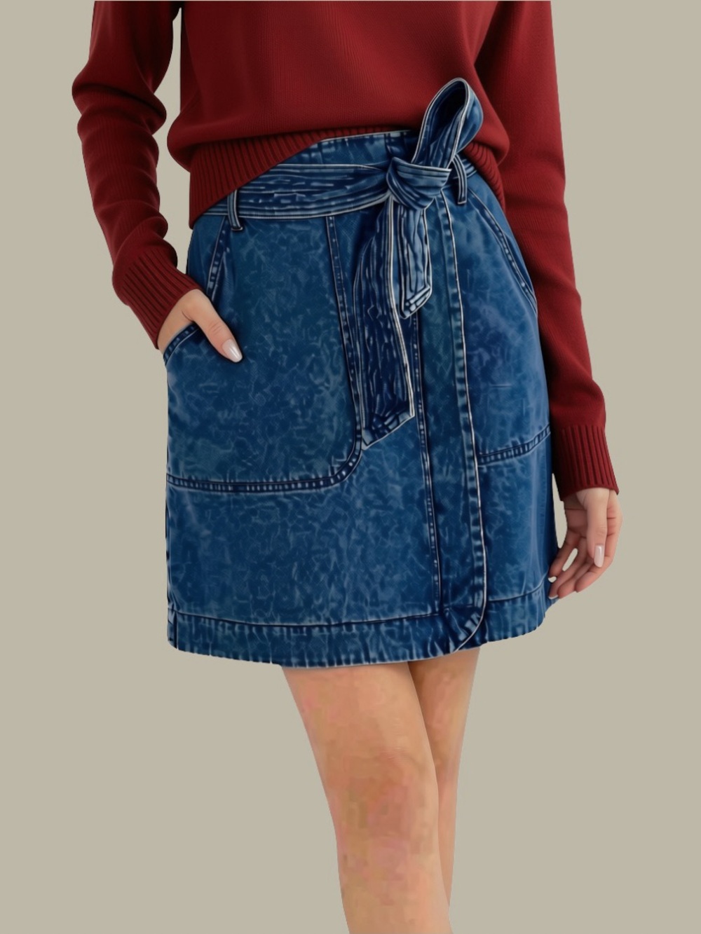 CAbi Denim Tie-Waist A-Line Skirt in Washed Blue